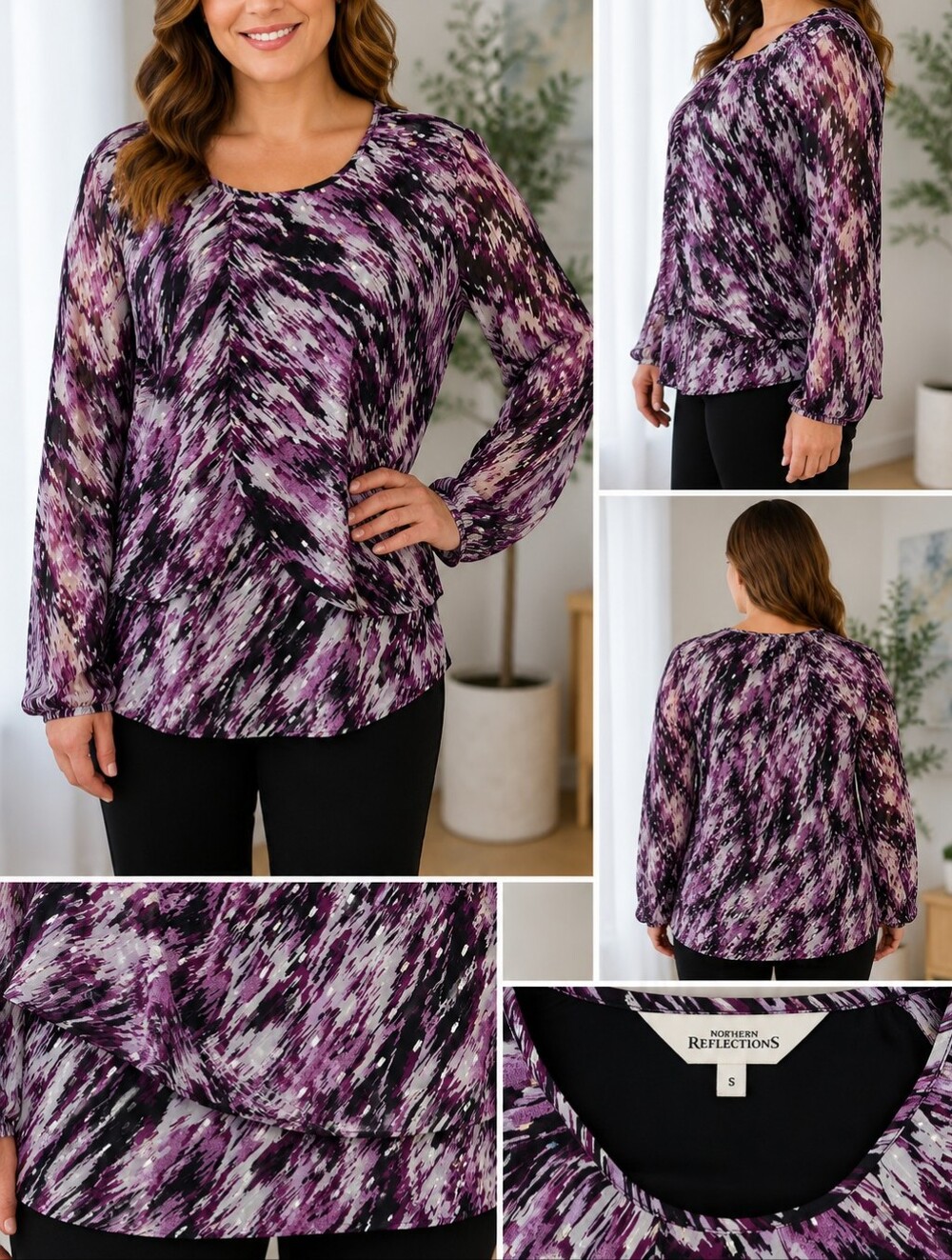 Northern Reflections Layered Blouse | Women's Small | Purple Abstract Print